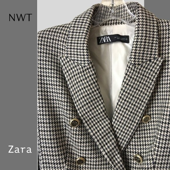 NEW NWT Zara Double-breasted Black and White Houndstooth Blazer, Sz S - Picture 2 of 7